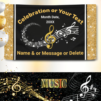 Unique Personalized Music Notes Banner Black, Gold