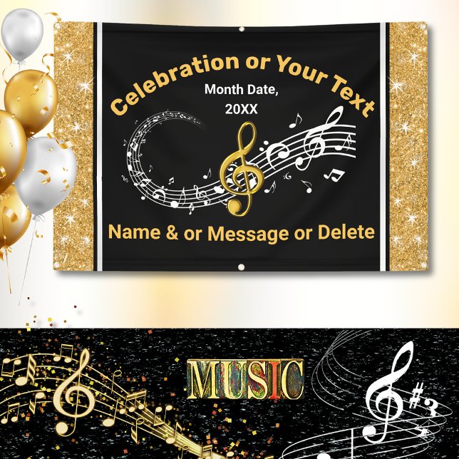Unique Personalized Music Notes Banner Black, Gold (Music themed Banner. Music Graduation party ideas. Musical birthday party ideas. Musical Banners. )