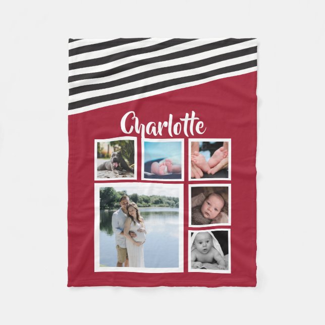 Unique Personalized Red Striped Photo Collage Fleece Blanket (Front)