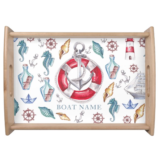 Unique Personalized Watercolor Nautical elements Serving Tray (Front)