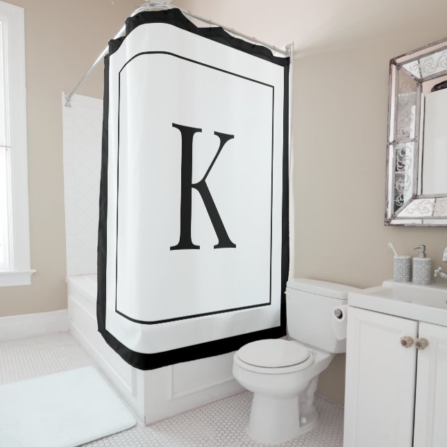 unique personalized white black monogram shower curtain (In Situ)
