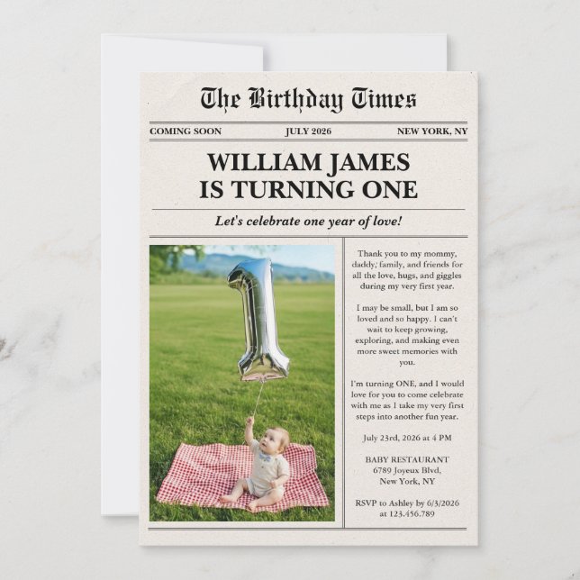 Unique Photo Newspaper 1st Birthday Invitation (Front)