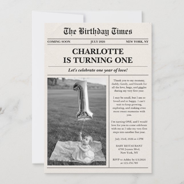 Unique Photo Newspaper First Birthday Invitation (Front)