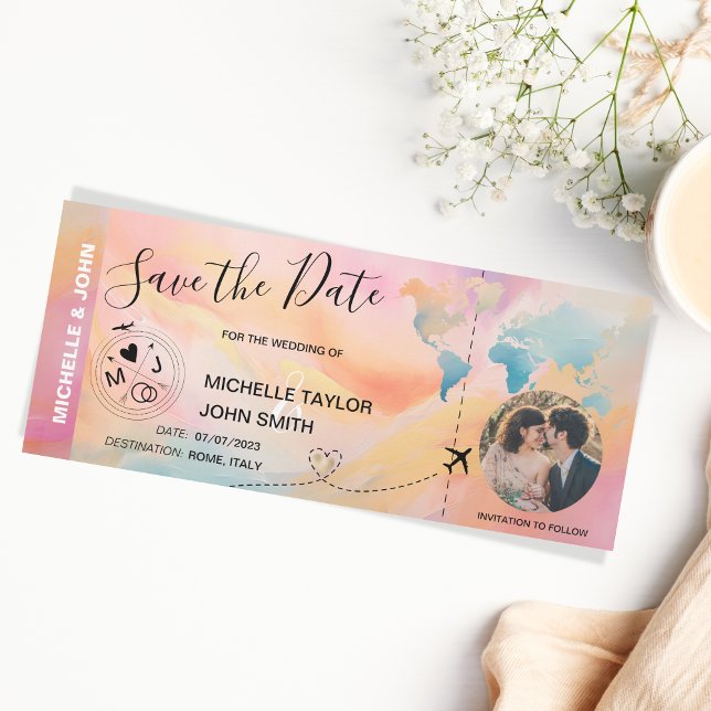 Unique Photo Save the Date Boarding Pass World Map Invitation (Creator Uploaded)