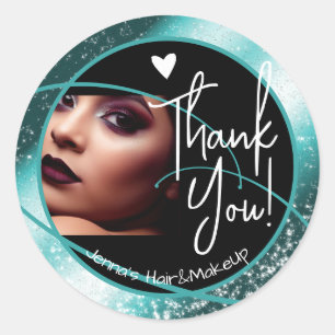 Unique Photo Template Stylish Teal Frame Heart Classic Round Sticker