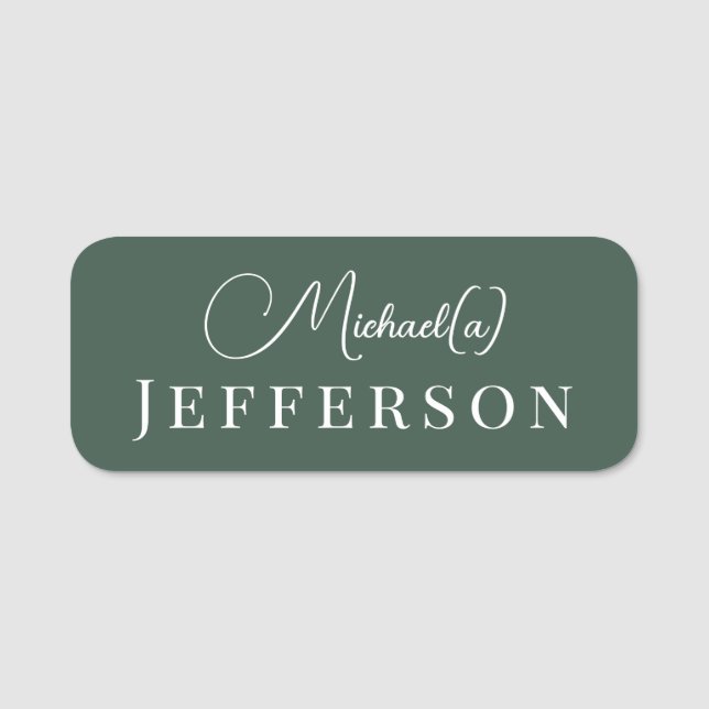Unique Pine Green Artful Calligraphy Business Name Tag (Front)