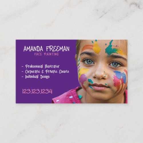 Unique Pink and Purple Kids Face Painter Business Card