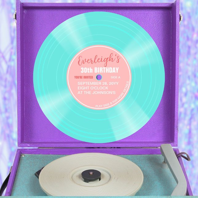 Unique Pink and Turquoise Vinyl Record Birthday Invitation (Turquoise color vinyl pop birthday invitation with pink label)