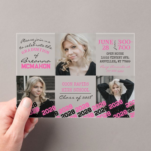 Unique Pink & Black Graduation 3 Photo Frosted  Acrylic Invitations (Insitu (Handheld))