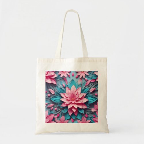 Unique pink blue flower pattern design tote bag