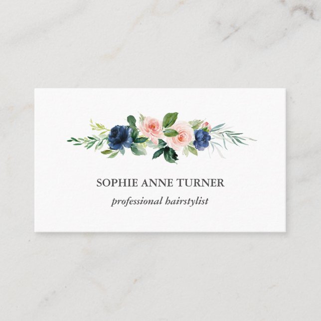 Unique Pink Blue Flowers Professional Hairstylist Business Card (Front)