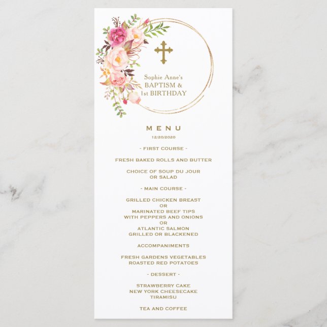 Unique Pink Blush Floral 1st Birthday & Baptism Menu (Front)