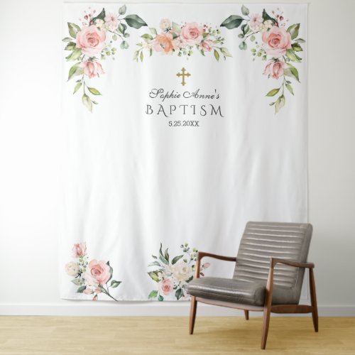Unique Pink Blush Floral Baptism Photo Prop Tapestry