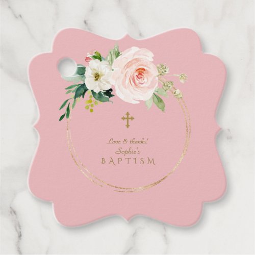 Unique Pink Blush Floral Gold Cross Baptism Favor Tags