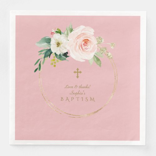 Unique Pink Blush Floral Gold Cross Baptism Paper Dinner Napkins