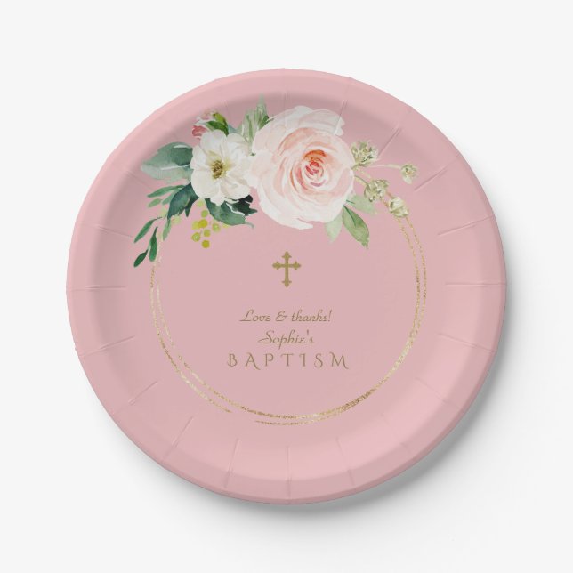 Unique Pink Blush Floral Gold Cross Baptism Paper Plates (Front)