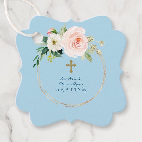 Unique Pink Blush Floral Gold Cross Boy Baptism Favor Tags