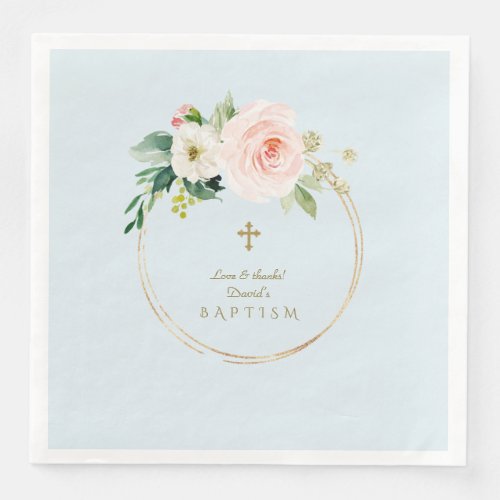 Unique Pink Blush Floral Gold Cross Boy Baptism Paper Dinner Napkins