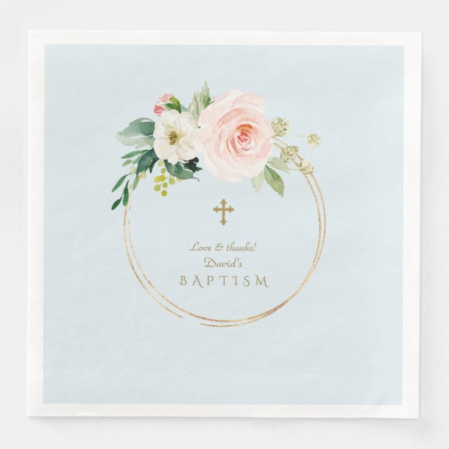 Unique Pink Blush Floral Gold Cross Boy Baptism Paper Dinner Napkins (Front)