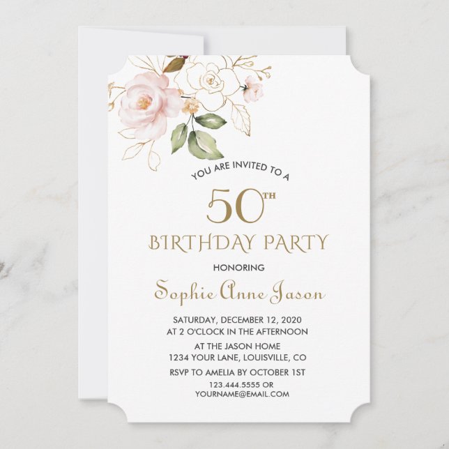 Unique Pink Blush Gold Flowers 50th Birthday Invitation (Front)
