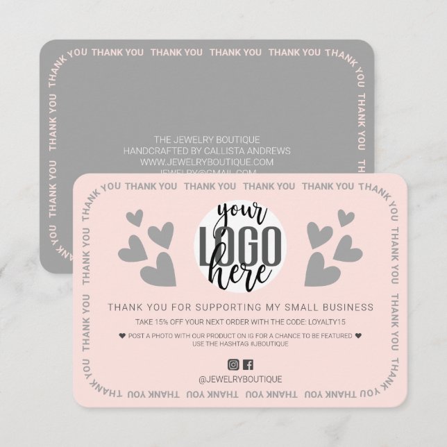 Unique Pink Border Hearts Logo Customer Thank You Card (Front/Back)