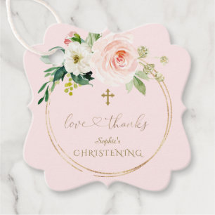 Unique Pink Floral Gold Calligraphy Christening Favor Tags