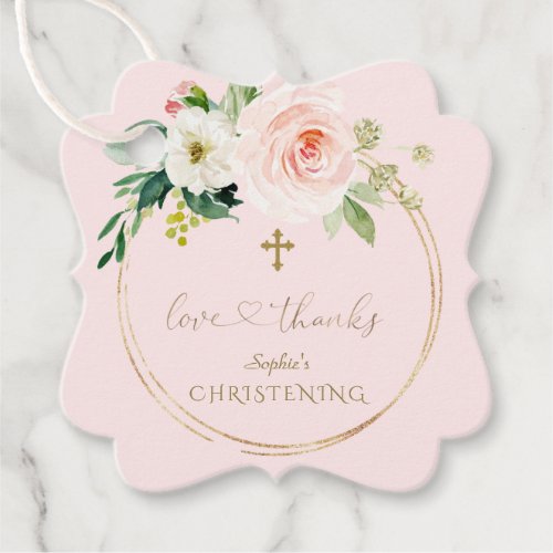 Unique Pink Floral Gold Calligraphy Christening Favor Tags