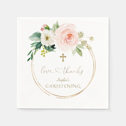 Unique Pink Floral Gold Calligraphy Christening Napkins