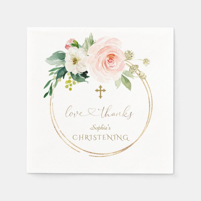 Unique Pink Floral Gold Calligraphy Christening Napkins (Front)