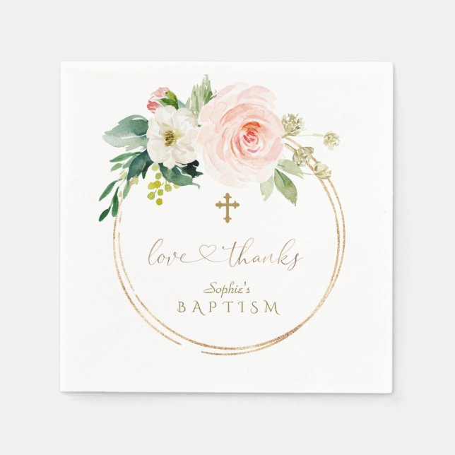 Unique Pink Floral Gold Cross Calligraphy Baptism Napkins (Front)