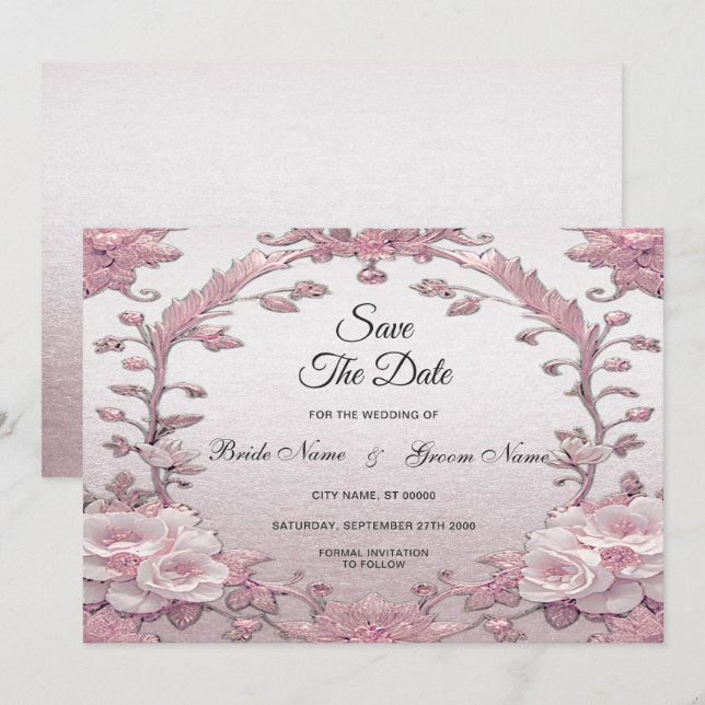 Unique Pink Floral Save The Date (Front/Back)