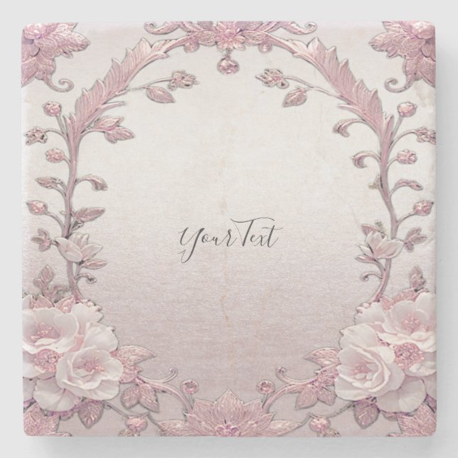 Unique Pink Floral Stone Coaster (Front)