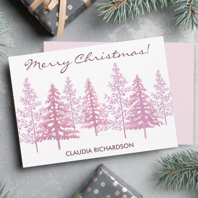 Unique Pink Flowering Trees Christmas Holiday Card (Sending warm wishes with this vibrant of pink trees to your family and friends.)