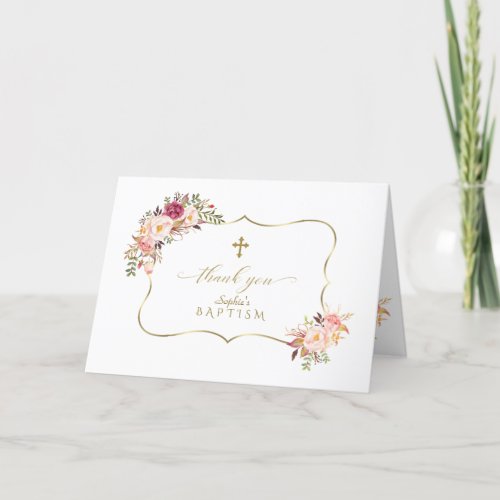 Unique Pink Flowers Frame Gold Cross Baptism Thank You Card