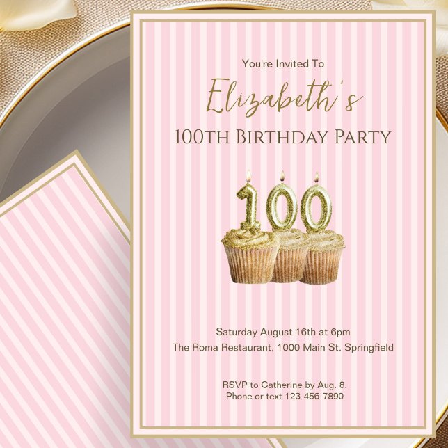 Unique Pink Gold 100th Birthday Invitation For Her (Creator Uploaded)