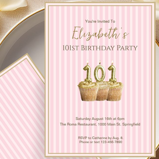 Unique Pink Gold 101st Birthday Invitation For Her (Creator Uploaded)