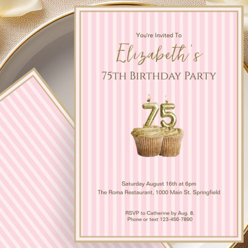 Unique Pink Gold 75th Birthday Invitation For Her