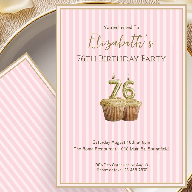 Unique Pink Gold 76th Birthday Invitation For Her (Creator Uploaded)