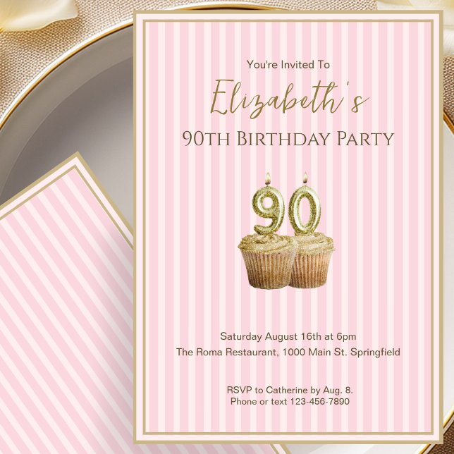 Unique Pink Gold 90th Birthday Invitation For Her (Creator Uploaded)