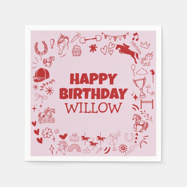 Unique Pink Horse Girl Equestrian Pony Birthday  Napkins (Front)
