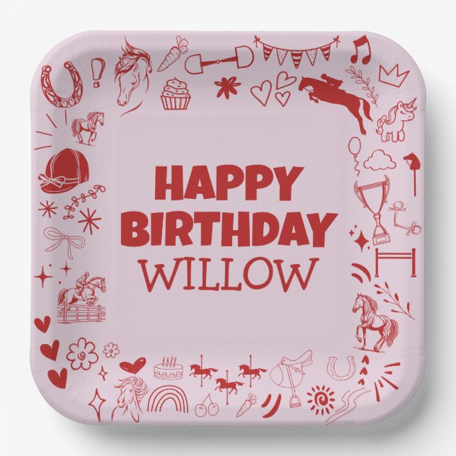 Unique Pink Horse Girl Equestrian Pony Birthday  Paper Plates (Front)