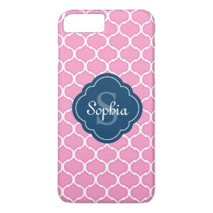 Unique Pink Lattice Pattern Navy Blue Monogram iPhone 8 Plus/7 Plus Case