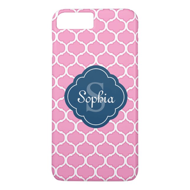 Unique Pink Lattice Pattern Navy Blue Monogram Case-Mate iPhone Case (Back)