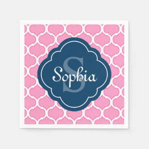 Unique Pink Lattice Pattern Navy Blue Monogram Napkins