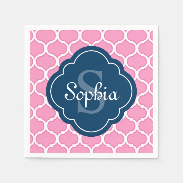 Unique Pink Lattice Pattern Navy Blue Monogram Napkins (Front)