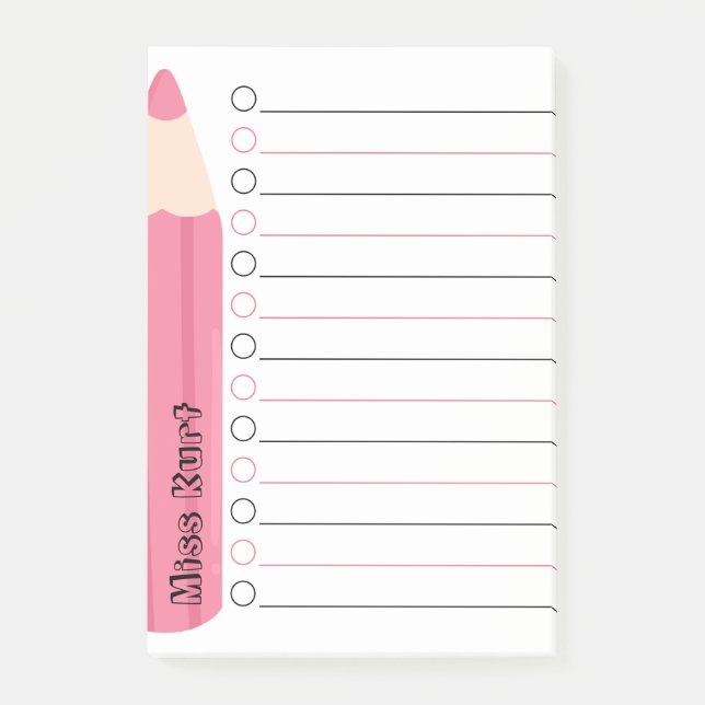 Unique Pink Pencil Lined Personalized Teacher Post-it Notes (Front)