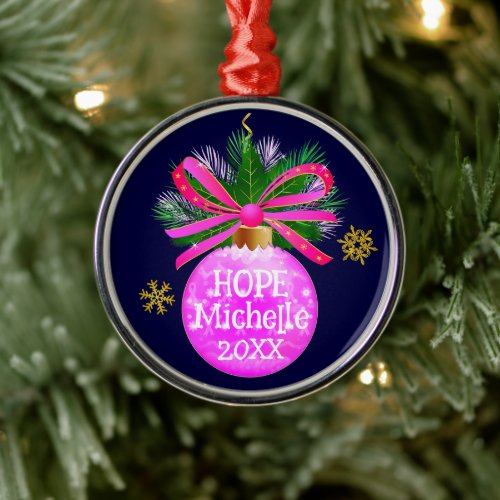 Unique Pink Ribbon Bauble Metal Ornament