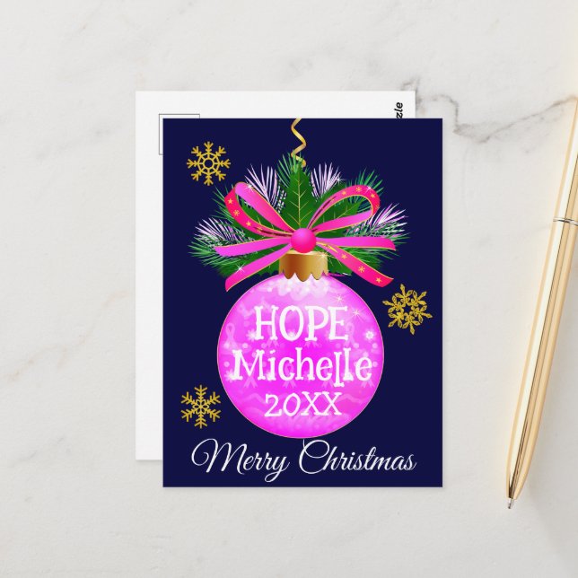 Unique Pink Ribbon Bauble Postcard (Front/Back In Situ)