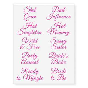 Unique Pink Script Bride Bachelorette Party Temporary Tattoos