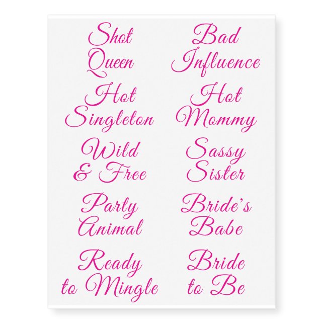 Unique Pink Script Bride Bachelorette Party Temporary Tattoos (Front)